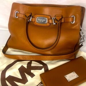 Michael Kors Hamilton Brown Leather Satchel Bag & Clutch Wallet Shoulder Bag
